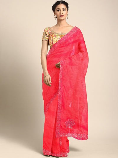 Chhabra 555 Coral Chanderi Silk Saree with Mirror & Crystal Embellishments