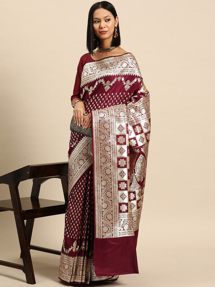 Chhabra 555 Maroon Bright Gold checkered Zari Embellished Kanjeewaram Bridal Traditional Silk Saree