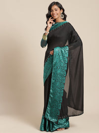 Black Georgette Crystal Embellished Saree With Contrast Teal Banarasi Brocade panel