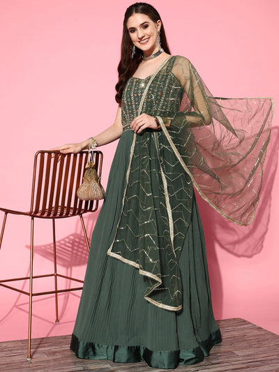 Chhabra 555 Hand Embroidered Flared Pleated Georgette Gown with Sequinned Dupatta