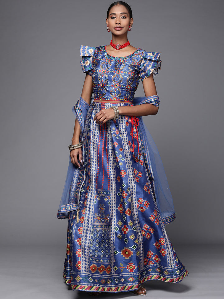 Chhabra 555 Made-to-Measure Tribal Digital Print Crop Top Lehenga Set with Mirrors & Pleated Sleeve