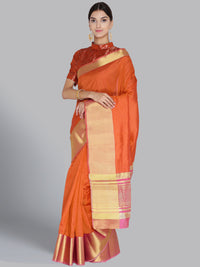 Chhabra 555 Banarasi Chanderi Silk Orange Saree with Thick Zari Border with Contrast Brocade Blouse