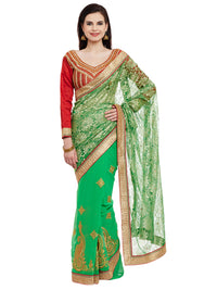 Green  Embroidered Georgette Half & Half Saree With Net Pallu
