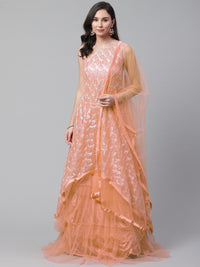 Made-to-Measure Peach Cocktail Gown with zari embroidery, Ruffled hemline and dupatta