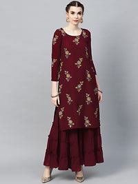 Maroon Georgette Made-to-Measure Kurta Set with Floral Foil Print and Sharara