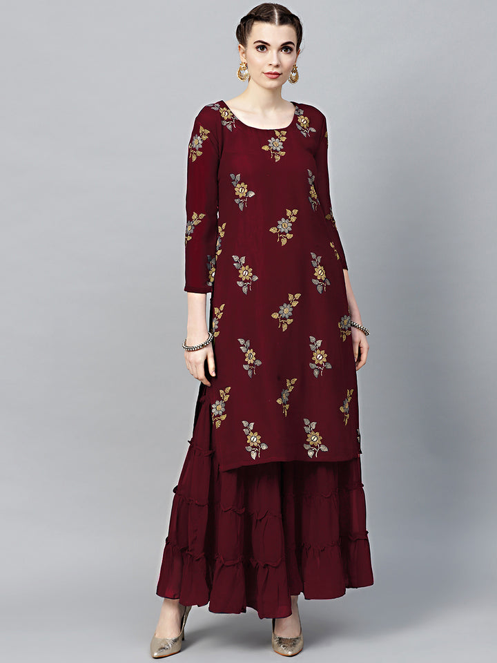 Maroon Georgette Made-to-Measure Kurta Set with Floral Foil Print and Sharara