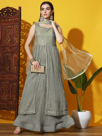 Chhabra 555 Mirror and Resham Embroidered Jacket Style High Slit Kurta with Flared Pleated Lehenga