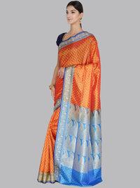 Orange & Blue Colored Banarasi Silk Woven Zari Work Party Wear Saree