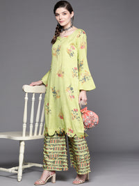 Chhabra 555 Lime Green Floral Digital Prints Kurta Pallazo Set Embellished with Scalloped hemline