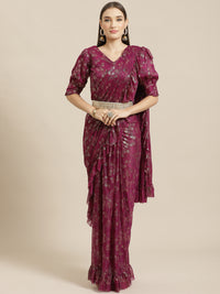 Ruffled Pre-Stitched Ruffles & Foil Printed Saree with Embellished Belt & Pleated Sleeve