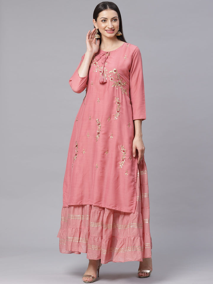 Made to Measure Double Layered Gown with Gotta Patti Embroidery and Keyole Neckline