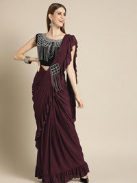 Ruffled Pre-Draped Lycra Saree with Black Tasseled Oxidized Embroidery Velvet Blouse