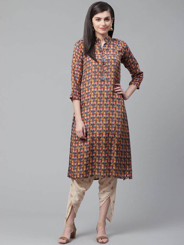 Kurta Dhoti Set With Ikat Inspired Print and Resham Cross Stitch Embroidery