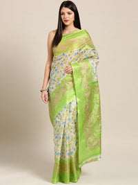 Chhabra 555 Beige Green Printed Bhagalpuri Saree with Multicolor Floral and Paisley motifs