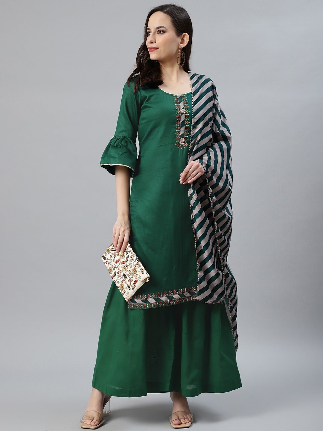 Green Cotton Unstitched Embellished Suit Set with Leheriya Stripe Print Dupatta