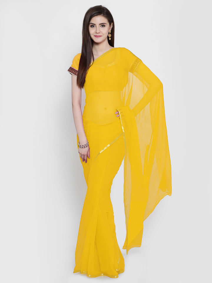 Yellow Chiffon "Binny" Style Saree with Zari Border and Brocade Blouse