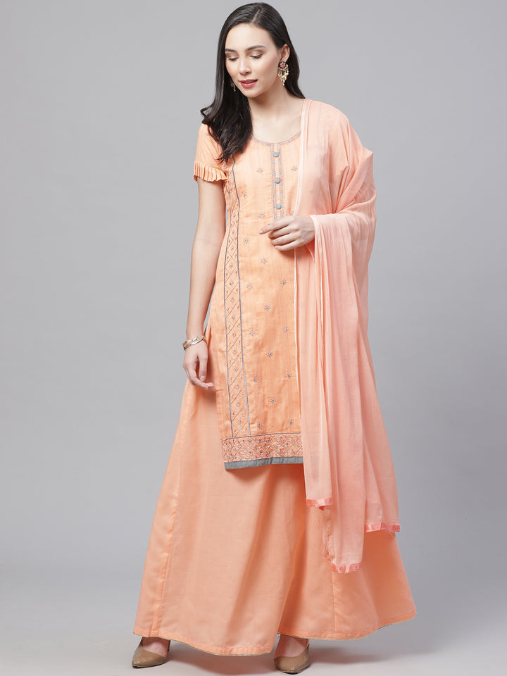 Glazed Cotton Dress Material with Thread Resham Embroidery, Chiffon Dupatta & Crystals
