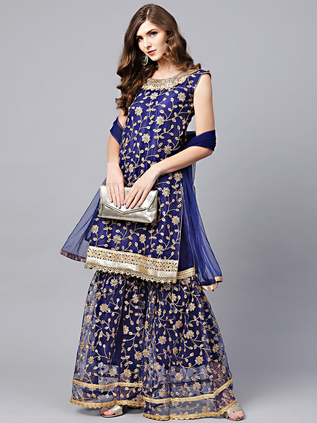 Chhabra 555 Made to Measure Blue Zari Embroidered Kurta Sharara Set with Pearl and Mirror Embellishments