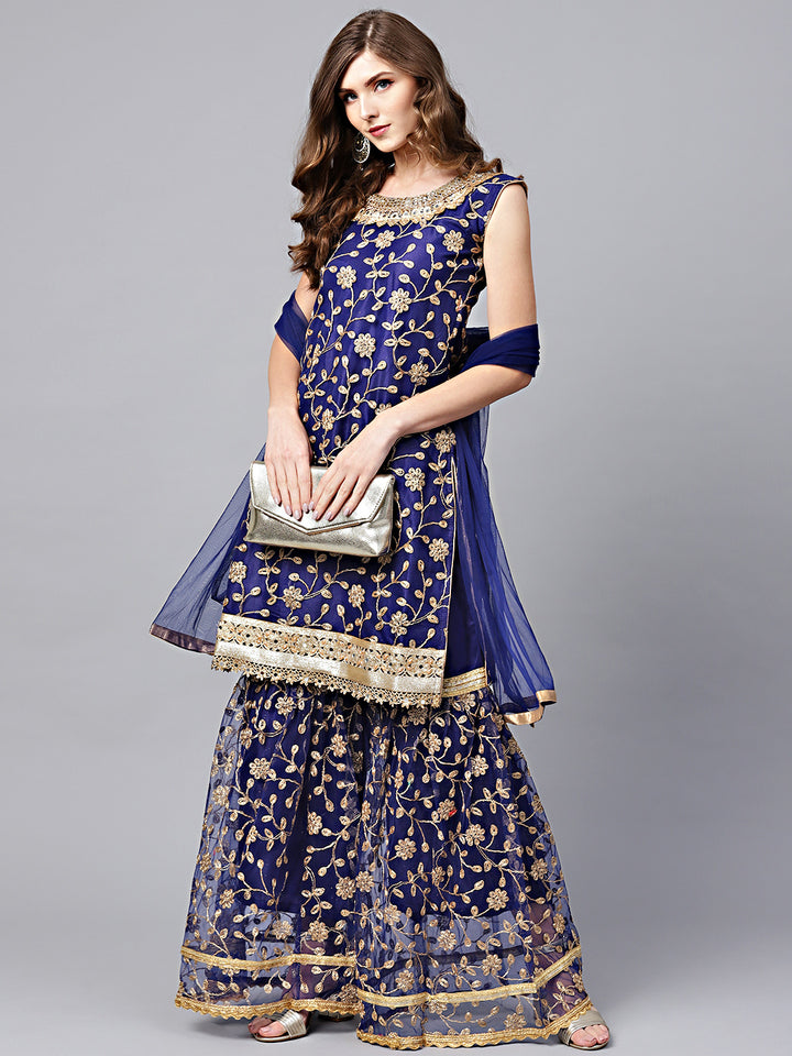Chhabra 555 Made to Measure Blue Zari Embroidered Kurta Sharara Set with Pearl and Mirror Embellishments