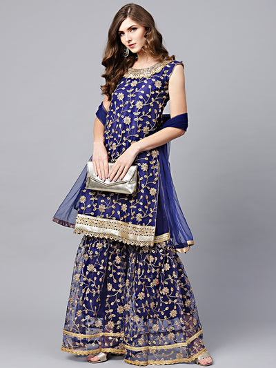 Chhabra 555 Made to Measure Blue Zari Embroidered Kurta Sharara Set with Pearl and Mirror Embellishments