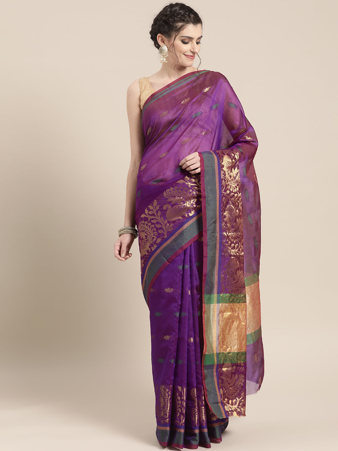 Chhabra 555 Banarasi Brocade Chanderi Silk saree with Zari weaving in a floral Peacock pattern 