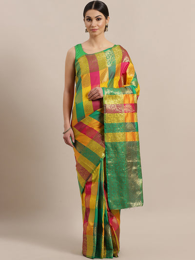 Chhabra 555 Gharchola Checked Banarasi Silk saree with Multicolor Leaf Motifs and Zari Pallu?Blouse