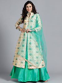 Chhabra 555 Golden And Green Embroidered Silk Crop top Lehanga With Resham Work and all over heavy Zari work Long jacket and beautiful Mandarian coller with plain Dupatta  