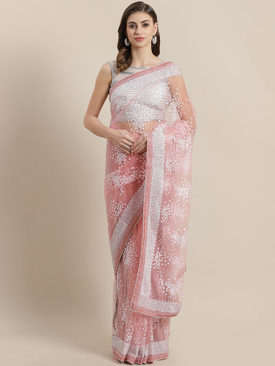 Chhabra 555 Net Saree with Thread embroidery and crystal, pearl embellishments