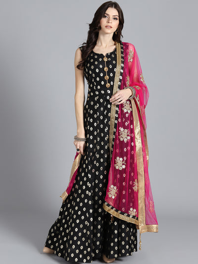 Chhabra 555 Black & Pink Banarasi Foil Print Embellished Stitched Anarkali Kurta Set With Heavy Net Dupatta