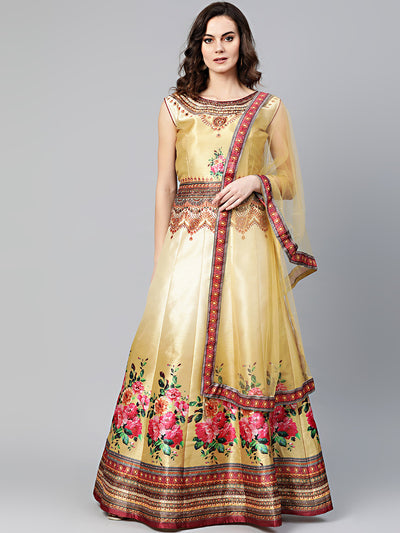 Chhabra 555 Beige Anarkali Kurta Gown with Crystal Embellishments and Digital Print Floral tribal pattern