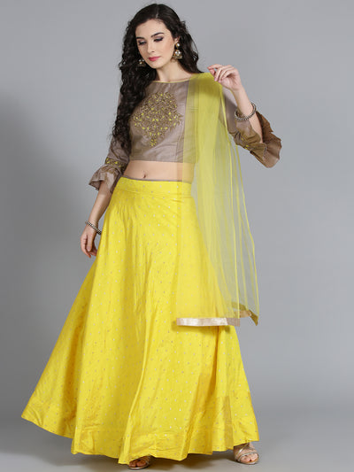 Chhabra 555 Grey and Yellow Silk Embroidered Croptop Lehenga With Mirror Embroidery and Thread emroidery front on choli and Dupatta and stylish Sleaves