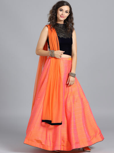 Chhabra 555 Blue & Orange Micro Raw Silk Swarovski Embellished Stitched Lehenga Choli With Net Dupatta