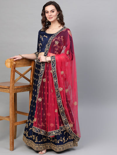 Chhabra 555 Blue Pink Silk Semi-stitched Lehenga set with Intricate zari embroidery in floral motifs