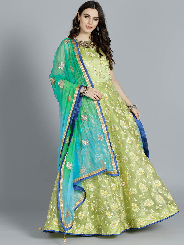 Chhabra 555 Leaf Green Tissue Foil Printed Kurta with floral motifs and contrast zari embroidered Blue Dupatta