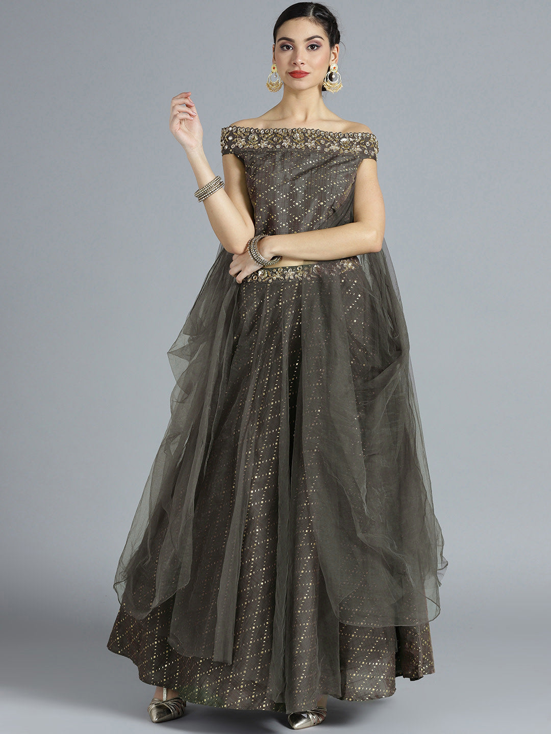 Chhabra 555 Silk Net Made-to-Measure Lehenga with off shoulder blouse, Foil Print and bell sleeves