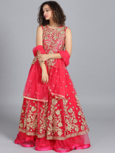 Chhabra 555 Pink Net Heavy Embroidered Mirror Work Stitched Gown With Net Dupatta