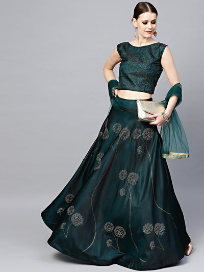 Chhabra 555 Made to Measure Green Silk Croptop Lehenga with Floral Foil Print and Embllishments
