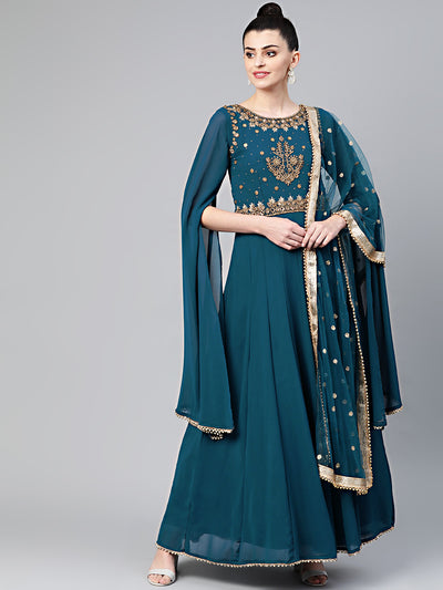 Chhabra 555 Made to Measure Georgette Anarkali Cocktail Gown with Aari, Kundan, Cutdana embroidery, Batwing Sleeves and sequin embroidered dupatta