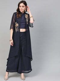Chhabra 555 Made to Measure Navy Blue Pallazo Set With embroidered front open jacket