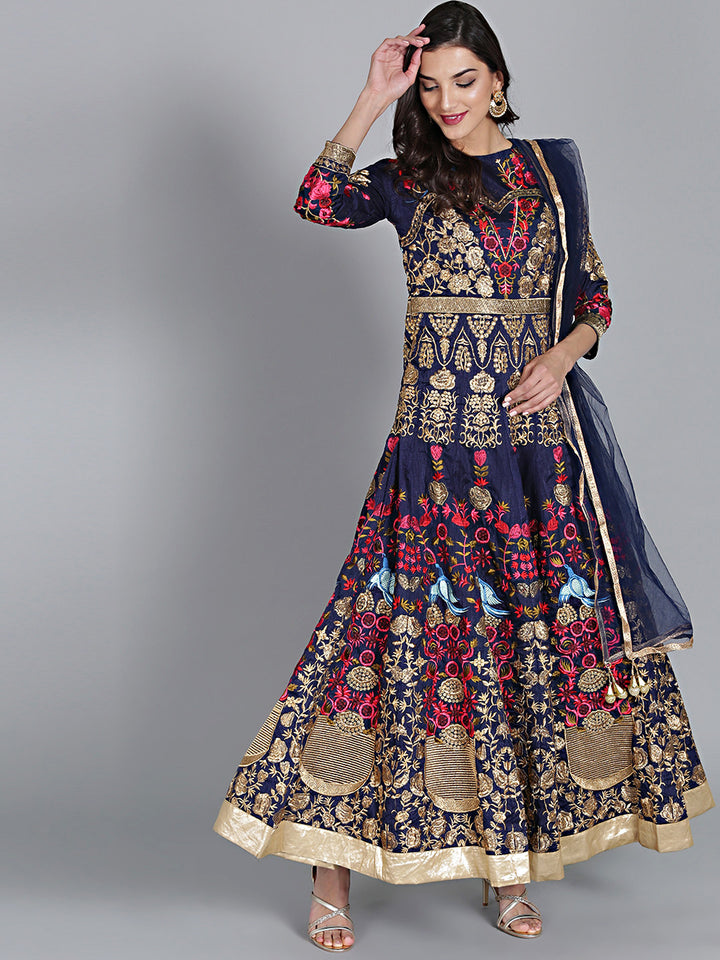 Chhabra 555 Blue Embroidered and Resham and Zari Embroidery Anarkali type Silk Kurta with Dupatta