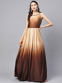 Chhabra 555 Made to Measure Satin floor length Cocktail Gown with Ombre Brown shimmer and kundan embellished neckline