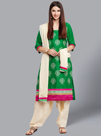 Chhabra 555 Cotton Dress Material with Ikat Inspired Resham Embroidery and Tribal stick figure patterns