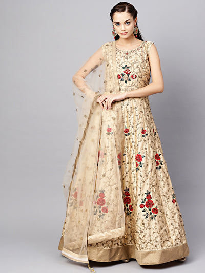 Chhabra 555 Beige Anarkali Silk Gown with Zari Sequin Embroidered Floral pattern and dupatta