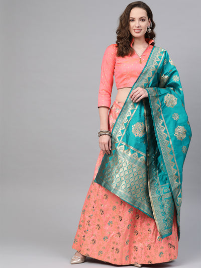 Chhabra 555 Pink Semi-stitched Banarasi Kalidar Lehenga set with Zari, Resham weaving in floral motifs