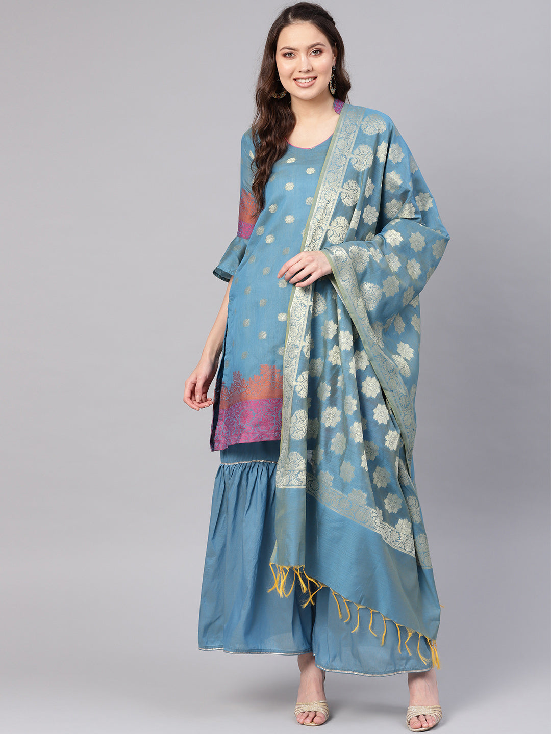Chhabra 555 Turquoise Made-to-Measure Kurta Set with Banarasi Handloom dupatta and sharara 