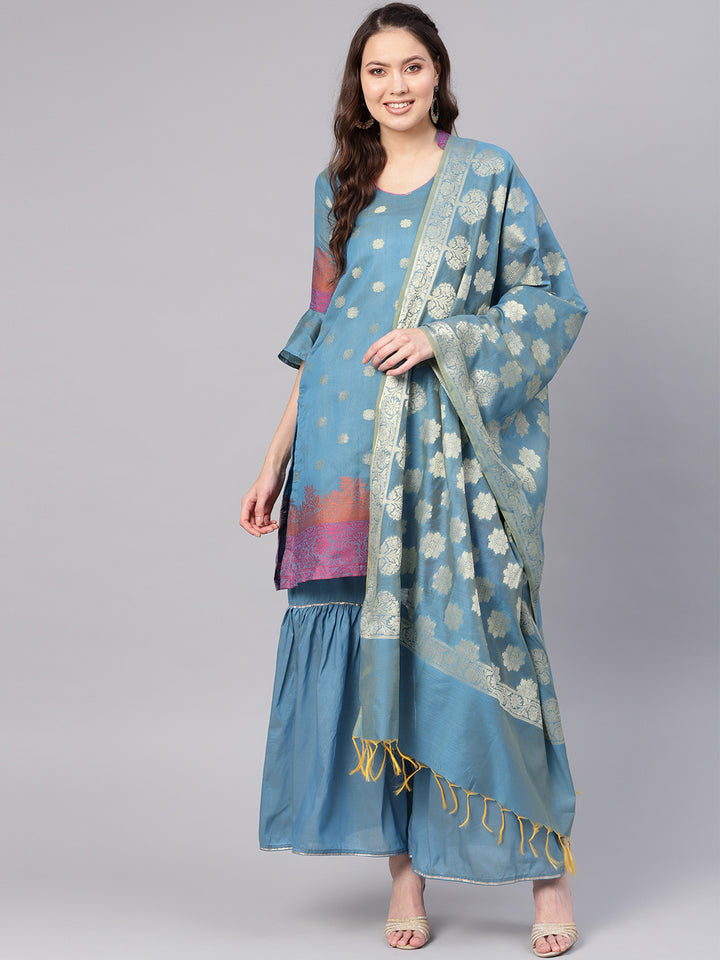 Chhabra 555 Turquoise Made-to-Measure Kurta Set with Banarasi Handloom dupatta and sharara 