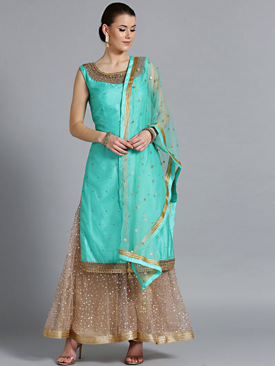 Chhabra 555 Made-to-Measure Turquoise jewelled neckline kurta with embroidered pallazo and dupatta