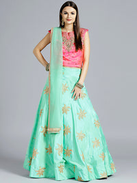 Chhabra 555 Sea green Raw Silk Gota Patti Lehenga with contrast Kundan and Zircon Hand Embroidered Pink colored Blouse