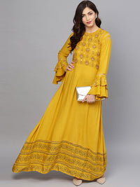 Chhabra 555 Made to Measure Anarkali Printed Kurta Dress with Bell sleeves and Mirror embellishments