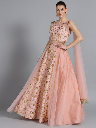 Chhabra 555 Made-to-Measure Peach Embellished Gown with Sequin Zari embroidery & Attached Dupatta  